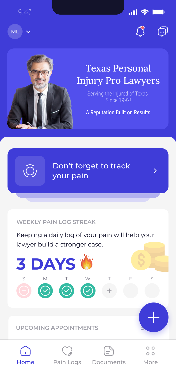 MyCaseCare app home screen with firm branding, a pain tracking reminder, and a weekly pain log streak