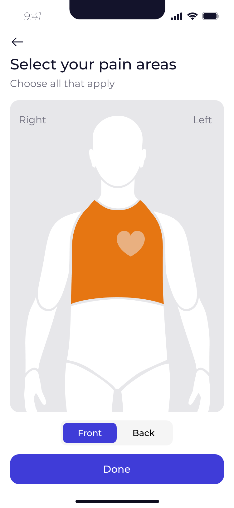 MyCaseCare app screen for selecting pain areas on a body diagram